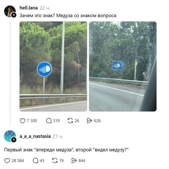 hell.lana 22 ч. Зачем это знак? Медуза со знаком вопроса a_a_a_nastasia 21 ч. Первый знак 'впереди медуза', второй 'видел медузу?'
