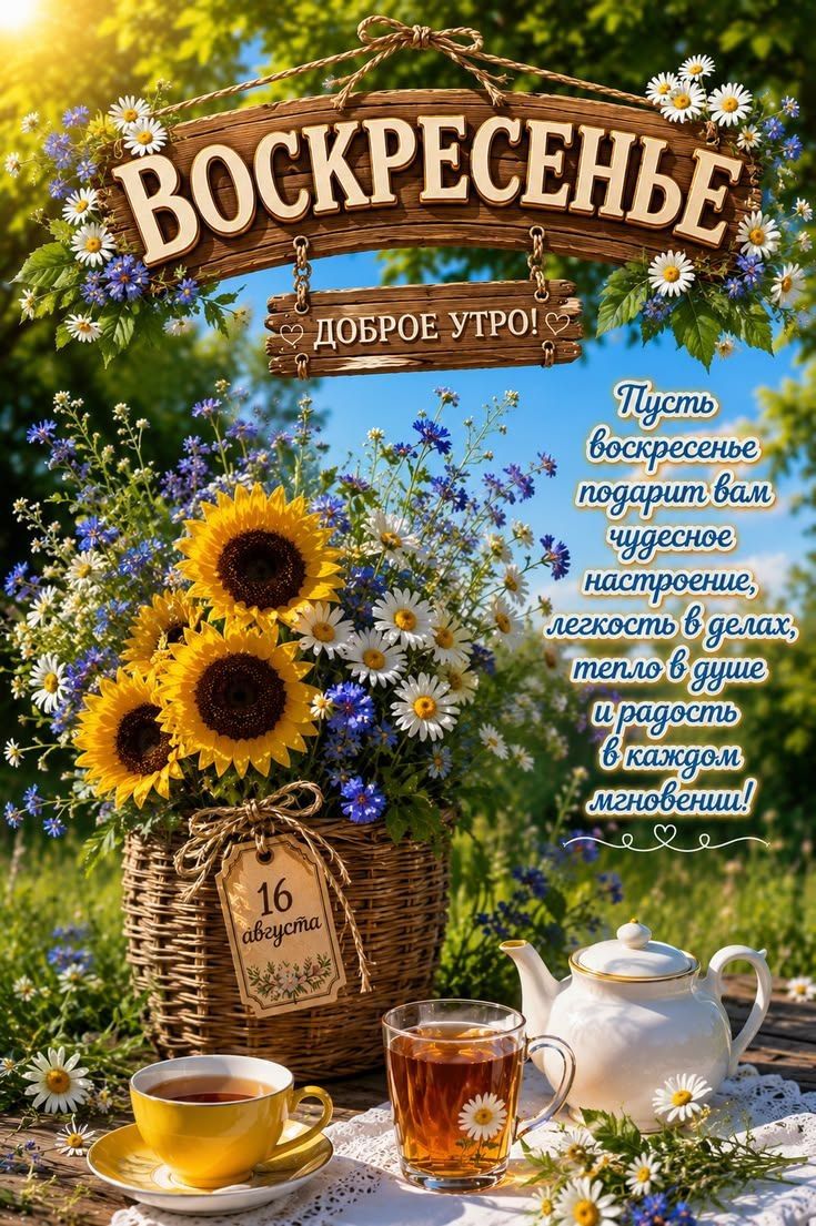 ВОСКРЕСЕНЬЕ ДОБРОЕ УТРО! Пусть воскресенье подарит вам чудесное настроение, легкость в делах, тепло в душе и радость в каждом мгновении! 16 августа