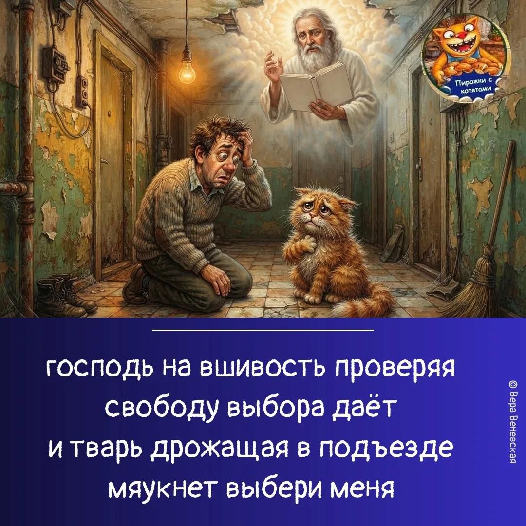 господь на вшивость проверяя свободу выбора даёт и тварь дрожащая в подъезде мяукнет выбери меня