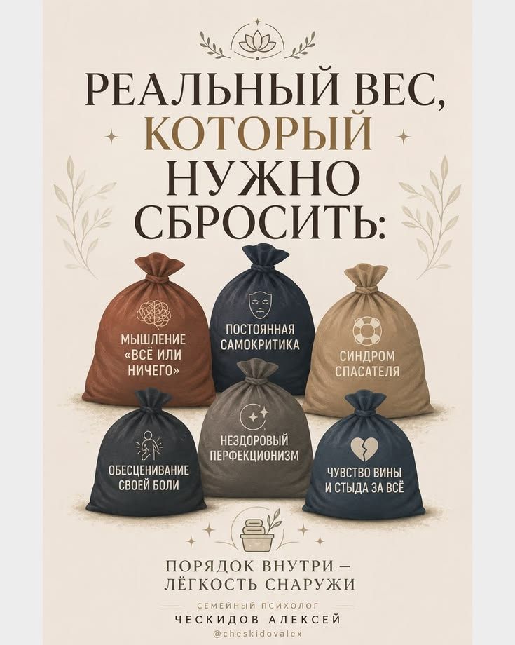 РЕАЛЬНЫЙ ВЕС, КОТОРЫЙ НУЖНО СБРОСИТЬ: МЫШЛЕНИЕ «ВСЁ ИЛИ НИЧЕГО», ПОСТОЯННАЯ САМОКРИТИКА, СИНДРОМ СПАСАТЕЛЯ, ОБЦЕНИВАНИЕ СВОЕЙ БОЛИ, НЕЗДОРОВЫЙ ПЕРФЕКЦИОНИЗМ, ЧУВСТВО ВИНЫ И СТЫДА ЗА ВСЁ. ПОРЯДОК ВНУТРИ — ЛЁГКОСТЬ СНАРУЖИ. СЕМЕЙНЫЙ ПСИХОЛОГ ЧЕСКИДОВ АЛЕКСЕЙ @cheskidovalex