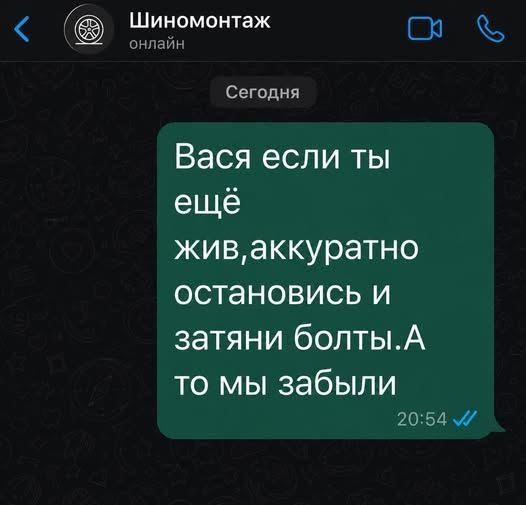 Шиномонтаж онлайн. Сегодня. Вася если ты ещё жив,аккуратно остановись и затяни болты.А то мы забыли. 20:54