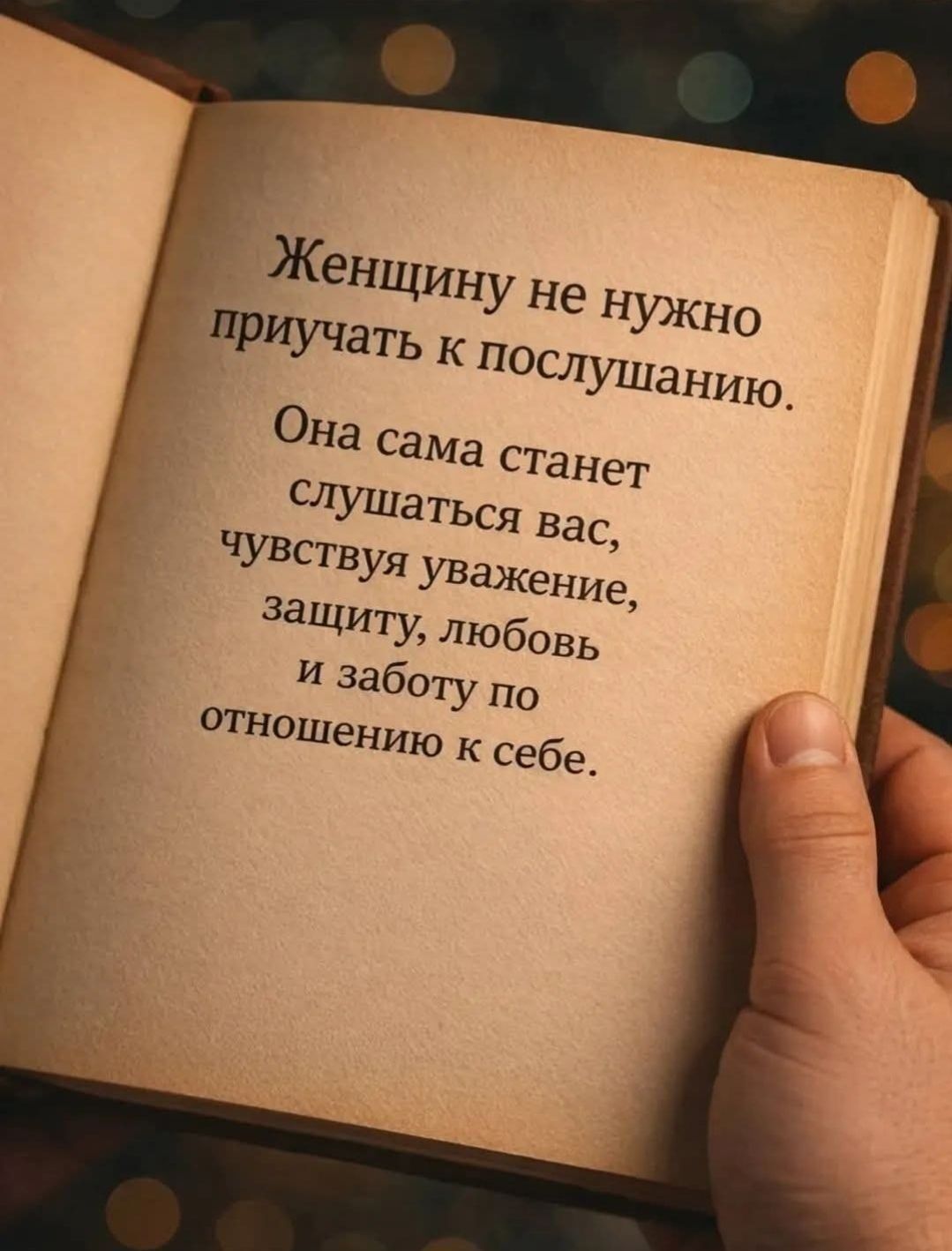 Женщину не нужно приучать к послушанию. Она сама станет слушаться вас, чувствуя уважение, защиту, любовь и заботу по отношению к себе.