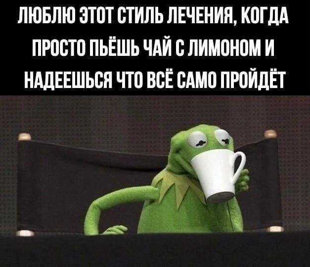 ЛЮБЛЮ ЭТОТ СТИЛЬ ЛЕЧЕНИЯ, КОГДА ПРОСТО ПЬЁШЬ ЧАЙ С ЛИМОНОМ И НАДЕЕШЬСЯ ЧТО ВСЁ САМО ПРОЙДЁТ