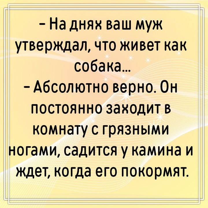 - На днях ваш муж утверждал, что живет как собака... - Абсолютно верно. Он постоянно заходит в комнату с грязными ногами, садится у камина и ждет, когда его покормят.