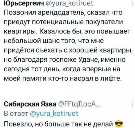 Юрьсергеич @yura_kotiruet Позвонил арендодатель, сказал что приедут потенциальные покупатели квартиры. Казалось бы, это повышает небольшой шанс того, что мне придётся съехать с хорошей квартиры, но благодаря госпоже Удаче, именно сегодня тот день, когда впервые на моей памяти кто-то насрал в лифте. Сибирская Язва @FFtqIlocA... В ответ