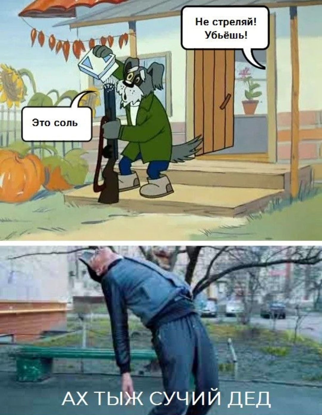 Это соль. Не стреляй! Убьёшь! АХ ТЫЖ СУЧИЙ ДЕД