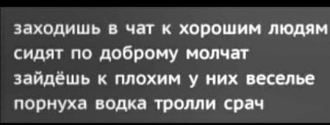 заходишь в чат к хорошим людям сидят по доброму молчат зайдёшь к плохим у них веселье порнуха водка тролли срач