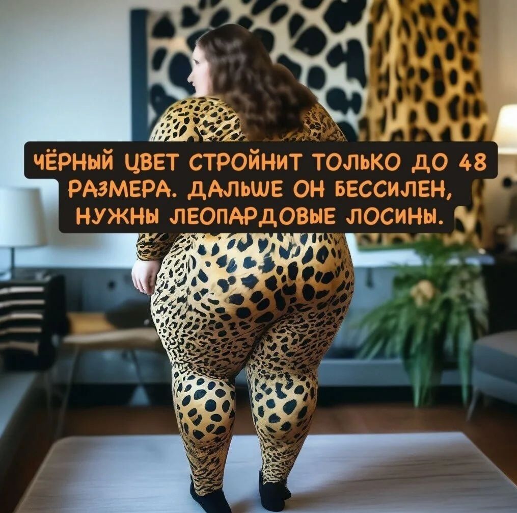 Чёрный цвет стройнит только до 48 размера. Дальше он бессилен, нужны леопардовые лосины.