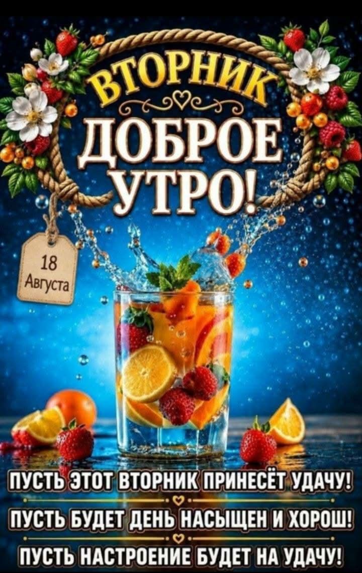 Вторник доброе утро! 18 августа. Пусть этот вторник принесёт удачу! Пусть будет день насыщен и хорош! Пусть настроение будет на удачу!