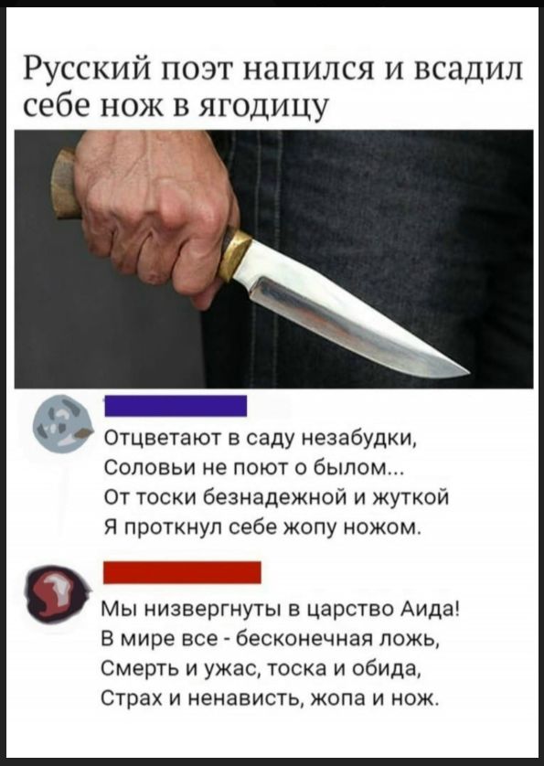 Русский поэт напился и всадил себе нож в ягодицу. Отцветают в саду незабудки, Соловьи не поют о былом... От тоски безнадежной и жуткой Я проткнул себе жопу ножом. Мы низвергнуты в царство Аида! В мире все - бесконечная ложь, Смерть и ужас, тоска и обида, Страх и ненависть, жопа и нож.
