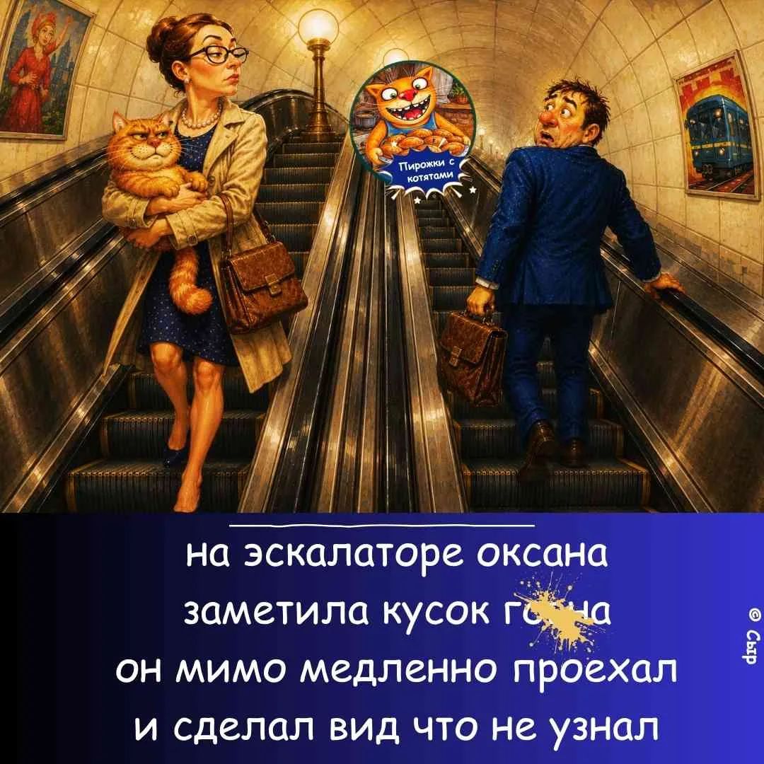 на эскалаторе оксана заметила кусок г*вна он мимо медленно проехал и сделал вид что не узнал. Пирожки с котятами.