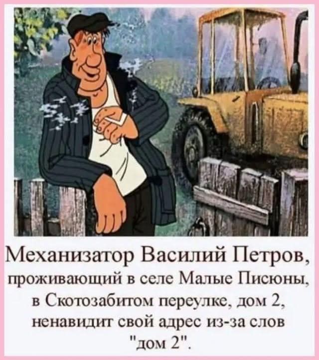 Механизатор Василий Петров, проживающий в селе Малые Писионы, в Скотозабитом переулке, дом 2, ненавидит свой адрес из-за слов 