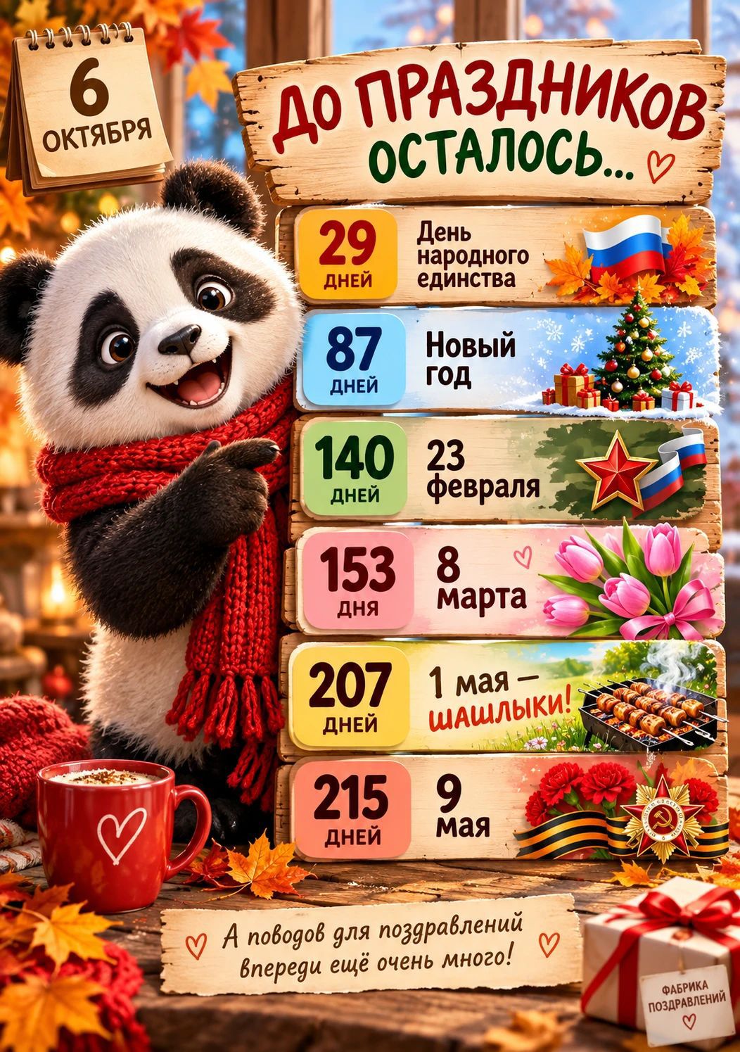 6 октября. До праздников осталось... 29 дней День народного единства. 87 дней Новый год. 140 дней 23 февраля. 153 дня 8 марта. 207 дней 1 мая - шашлыки! 215 дней 9 мая. А поводов для поздравлений впереди еще очень много!
