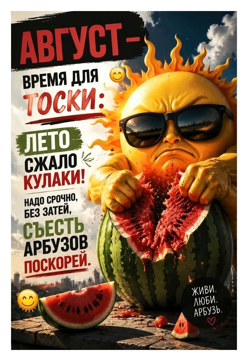 АВГУСТ - ВРЕМЯ ДЛЯ ТОСКИ: ЛЕТО СЖАЛО КУЛАКИ! НАДО СРОЧНО, БЕЗ ЗАТЕЙ, СЪЕСТЬ АРБУЗОВ ПОСКОРЕЙ. ЖИВИ. ЛЮБИ. АРБУЗЬ.