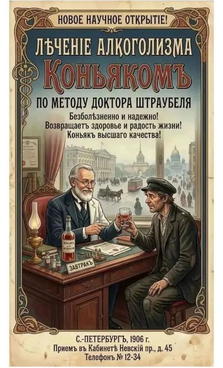 НОВОЕ НАУЧНОЕ ОТКРЫТИЕ! ЛЕЧЕНИЕ АЛКОГОЛИЗМА КОНЬЯКОМ. ПО МЕТОДУ ДОКТОРА ШТРАУБЕЛЯ. Безболезненно и надежно! Возвращает здоровье и радость жизни! Коньяк высшего качества! С.-ПЕТЕРБУРГЪ, 1906 г. Приемъ въ Кабинетѣ Невскій пр., д. 45 Телефонъ № 12-34