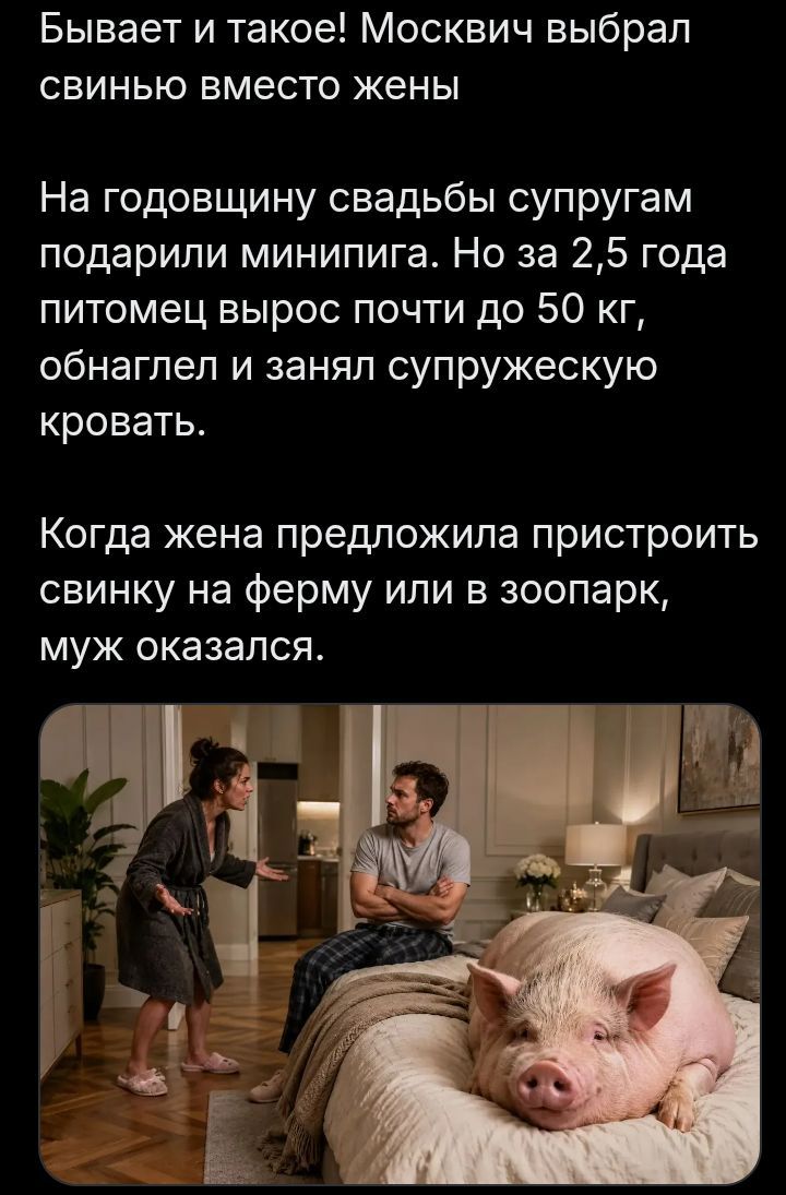 Бывает и такое! Москвич выбрал свинью вместо жены. На годовщину свадьбы супругам подарили минипига. Но за 2,5 года питомец вырос почти до 50 кг, обнаглел и занял супружескую кровать. Когда жена предложила пристроить свинку на ферму или в зоопарк, муж оказался.