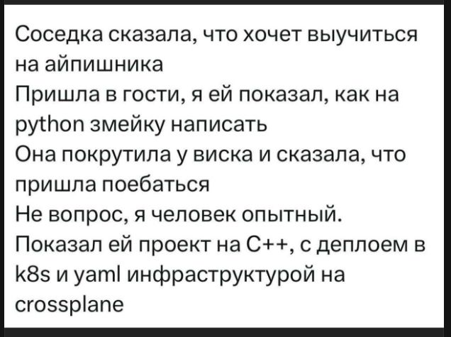 Соседка сказала, что хочет выучиться на айпишника. Пришла в гости, я ей показал, как на python змейку написать. Она покрутила у виска и сказала, что пришла поебаться. Не вопрос, я человек опытный. Показал ей проект на C++, с деплоем в k8s и yaml инфраструктурой на crossplane