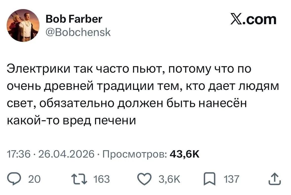 Электрики так часто пьют, потому что по очень древней традиции тем, кто дает людям свет, обязательно должен быть нанесён какой-то вред печени