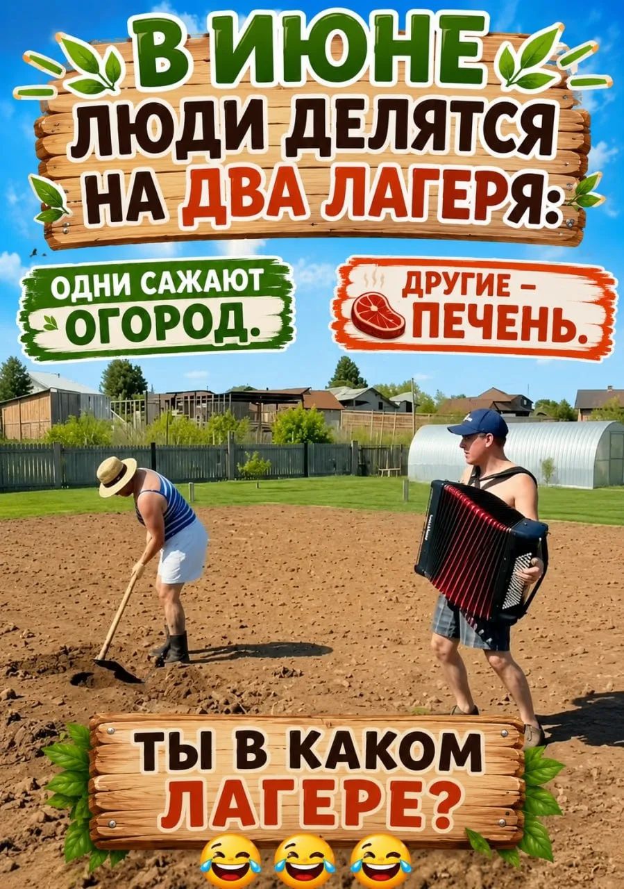 В июне люди делятся на два лагеря: Одни сажают огород. Другие - печень. Ты в каком лагере? 😂😂😂