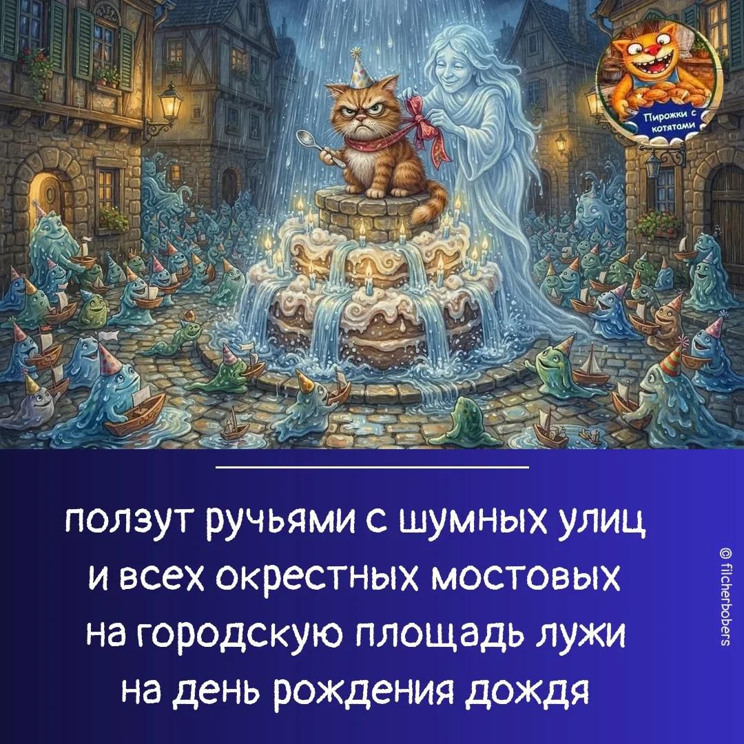 ползут ручьями с шумных улиц и всех окрестных мостовых на городскую площадь лужи на день рождения дождя Пирожки с котятами