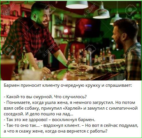 Бармен приносит клиенту очередную кружку и спрашивает: - Какой-то вы смурной. Что случилось? - Понимаете, когда ушла жена, я немного загрустил. Но потом взял себе собаку, прикупил «Харлей» и замутил с симпатичной соседкой. И дело пошло на лад... - Так это же здорово! – воскликнул бармен. - Так-то оно так... - вздохнул клиент. – Но вот я сейчас