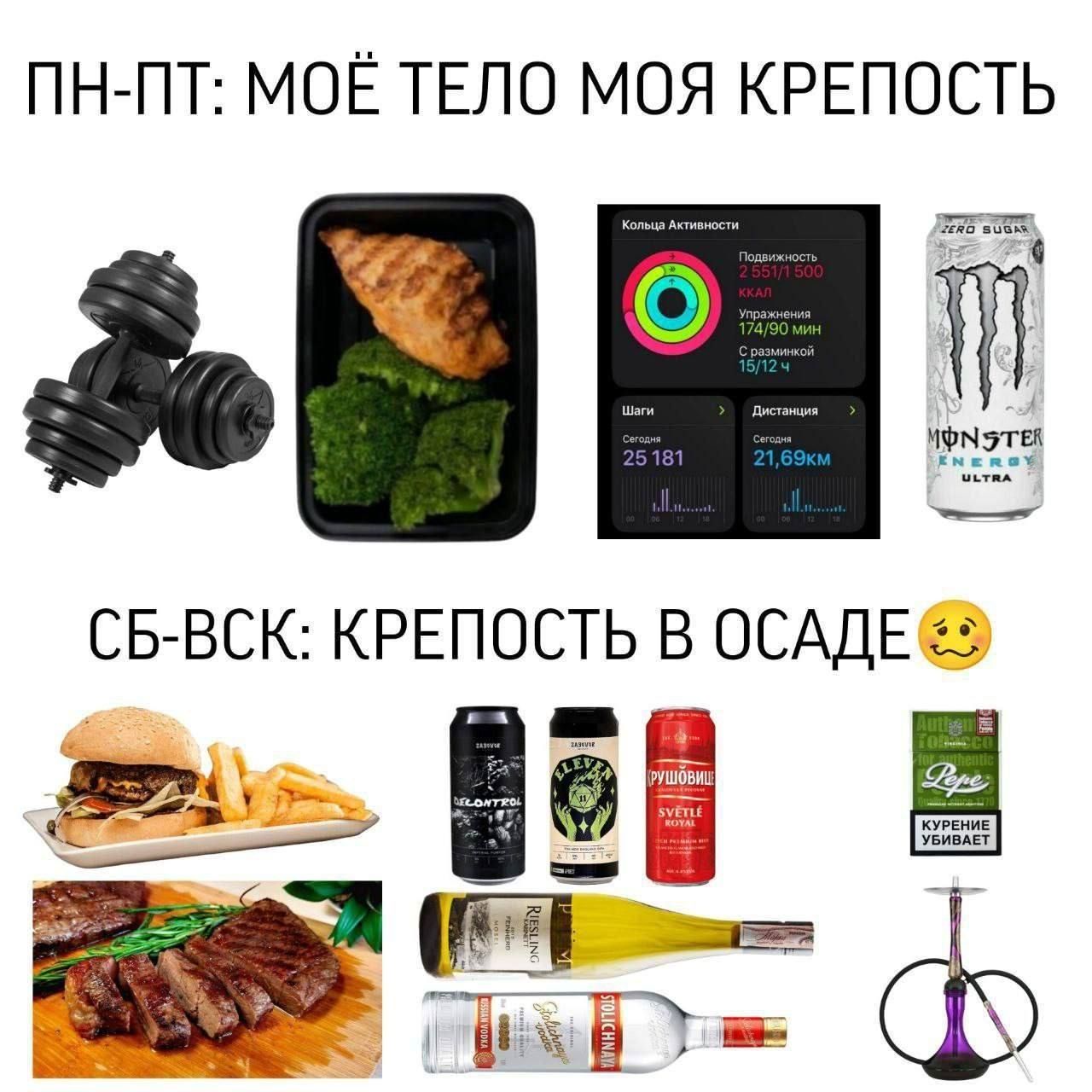 ПН-ПТ: МОЁ ТЕЛО МОЯ КРЕПОСТЬ. СБ-ВСК: КРЕПОСТЬ В ОСАДЕ. КУРЕНИЕ УБИВАЕТ.