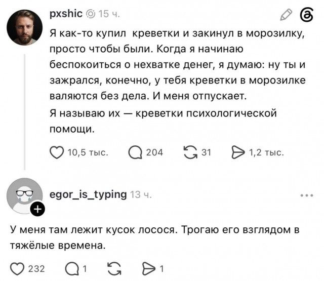 Я как-то купил креветки и закинул в морозилку, просто чтобы были. Когда я начинаю беспокоиться о нехватке денег, я думаю: ну ты и зажрался, конечно, у тебя креветки в морозилке валяются без дела. И меня отпускает. Я называю их — креветки психологической помощи. У меня там лежит кусок лосося. Трогаю его взглядом в тяжёлые времена.