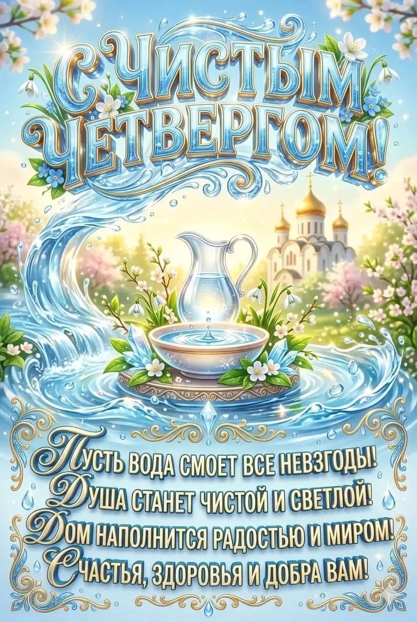 С ЧИСТЫМ ЧЕТВЕРГОМ! Пусть вода смоет все невзгоды! Душа станет чистой и светлой! Дом наполнится радостью и миром! Счастья, здоровья и добра вам!
