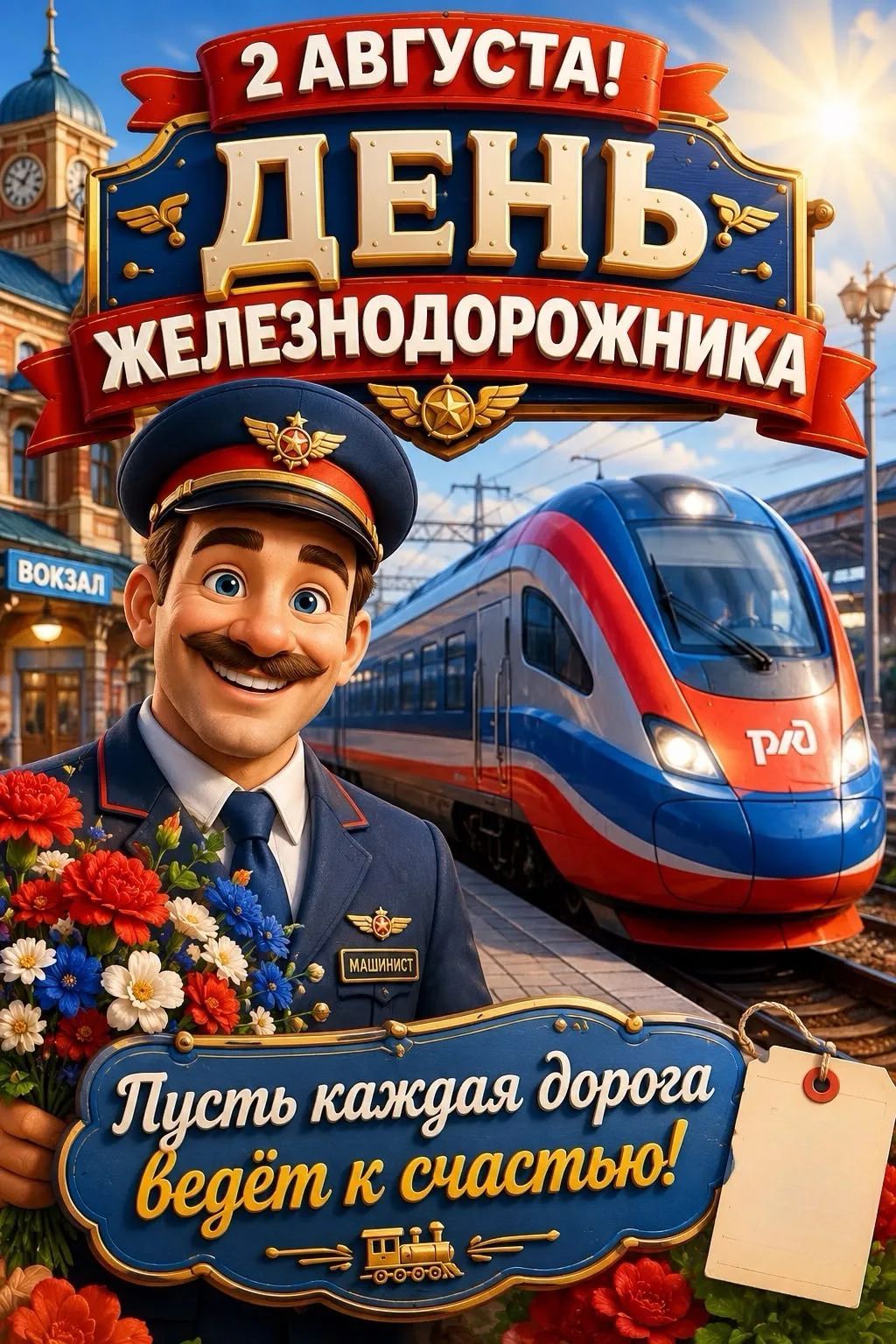 2 АВГУСТА! ДЕНЬ ЖЕЛЕЗНОДОРОЖНИКА ВОКЗАЛ МАШИНИСТ РЖД Пусть каждая дорога ведёт к счастью!