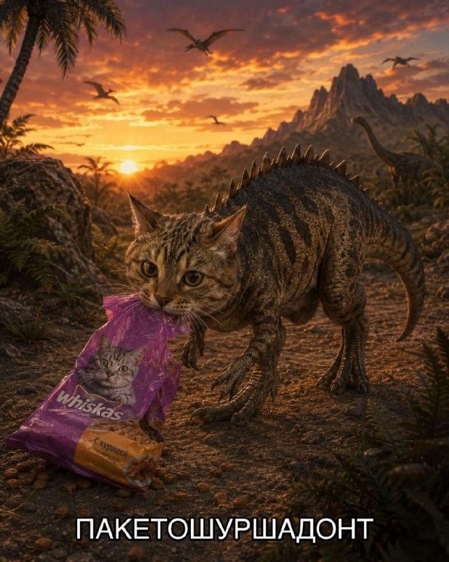 ПАКЕТОШУРШАДОНТ. Кот-динозавр несет пакет корма Whiskas с курицей.