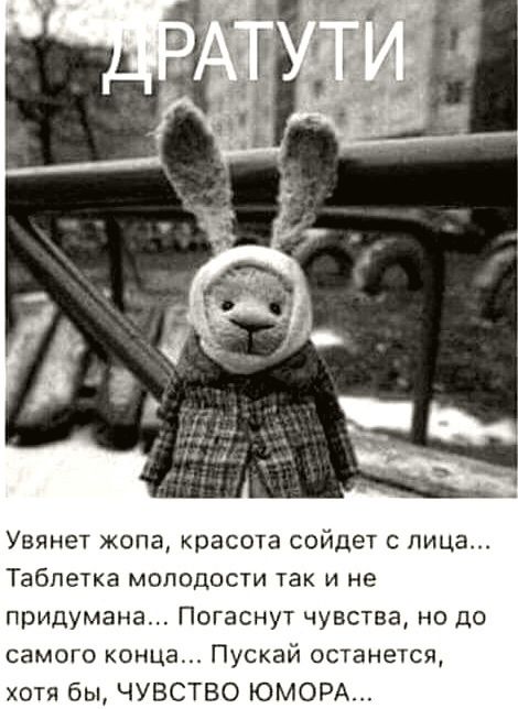 ДРАГУТИ
Увянет жопа, красота сойдет с лица...
Таблетка молодости так и не придумана... Погаснут чувства, но до самого конца... Пускай останется, хотя бы, ЧУВСТВО ЮМОРА...