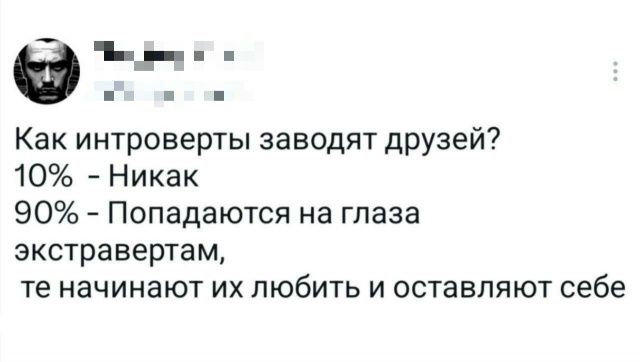 Как интроверты заводят друзей? 10% - Никак 90% - Попадаются на глаза экстравертам, те начинают их любить и оставляют себе