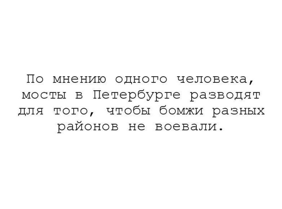 По мнению одного человека, мосты в Петербурге разводят для того, чтобы бомжи разных районов не воевали.