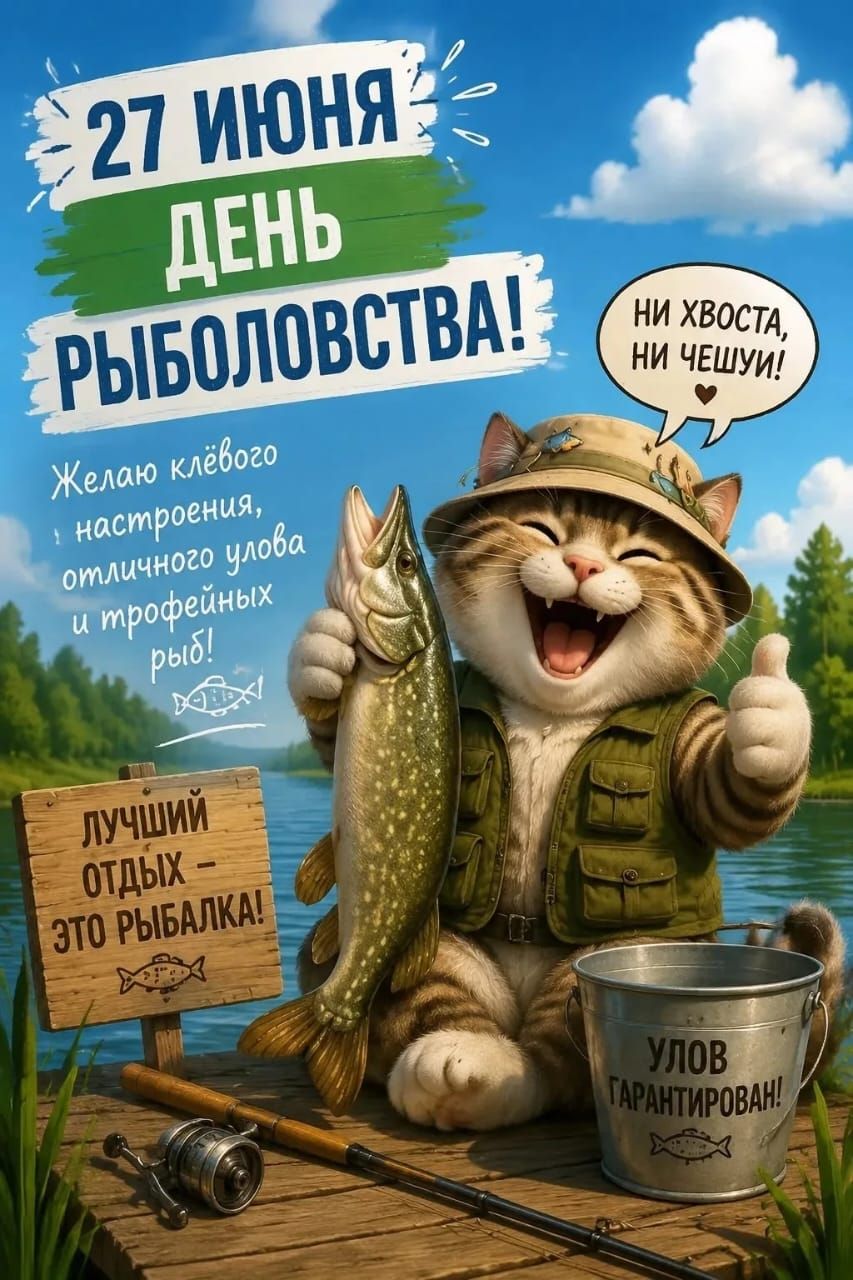 27 ИЮНЯ ДЕНЬ РЫБОЛОВСТВА! Желаю клёвого настроения, отличного улова и трофейных рыб! ЛУЧШИЙ ОТДЫХ – ЭТО РЫБАЛКА! УЛОВ ГАРАНТИРОВАН! НИ ХВОСТА, НИ ЧЕШУИ!