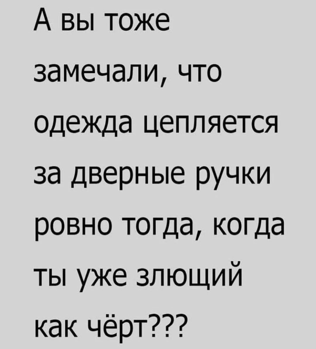 А вы тоже замечали, что одежда цепляется за дверные ручки ровно тогда, когда ты уже злющий как чёрт???