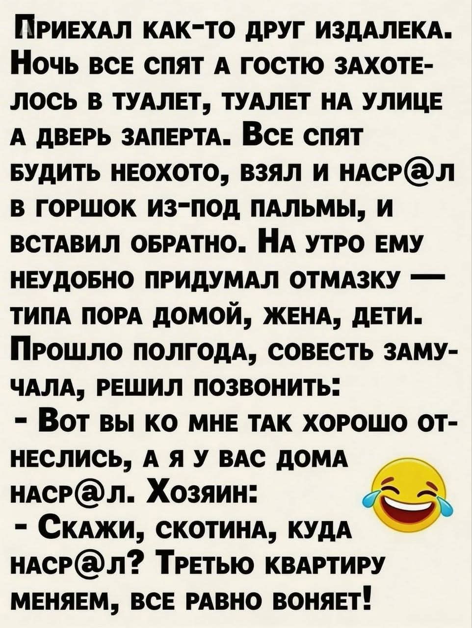 ПРИЕХАЛ КАК-ТО ДРУГ ИЗДАЛЕКА. НОЧЬ ВСЕ СПЯТ А ГОСТЮ ЗАХОТЕЛОСЬ В ТУАЛЕТ, ТУАЛЕТ НА УЛИЦЕ А ДВЕРЬ ЗАПЕРТА. ВСЕ СПЯТ БУДИТЬ НЕОХОТО, ВЗЯЛ И НАСР@Л В ГОРШОК ИЗ-ПОД ПАЛЬМЫ, И ВСТАВИЛ ОБРАТНО. НА УТРО ЕМУ НЕУДОБНО ПРИДУМАЛ ОТМАЗКУ — ТИПА ПОРА ДОМОЙ, ЖЕНА, ДЕТИ. ПРОШЛО ПОЛГОДА, СОВЕСТЬ ЗАМУЧАЛА, РЕШИЛ ПОЗВОНИТЬ: - ВОТ ВЫ КО МНЕ ТАК ХОРОШО ОТНЕСЛИСЬ, А Я