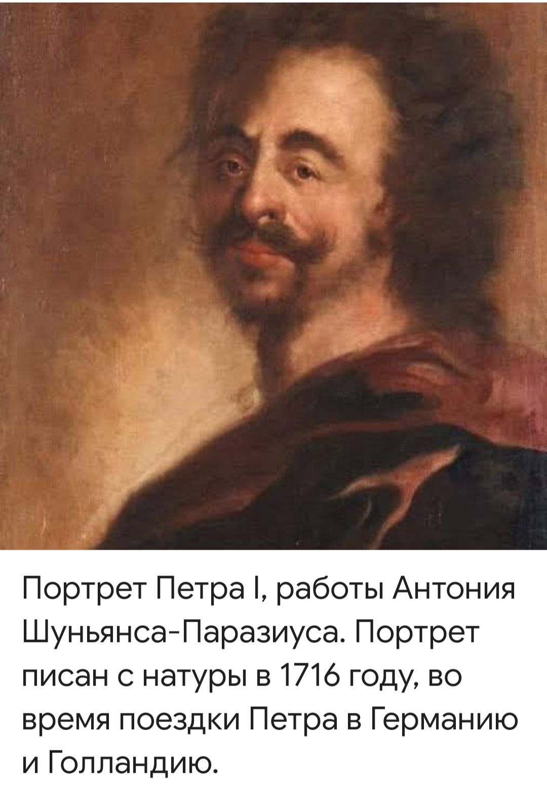 Портрет Петра I, работы Антония Шуньянса-Паразиуса. Портрет писан с натуры в 1716 году, во время поездки Петра в Германию и Голландию.
