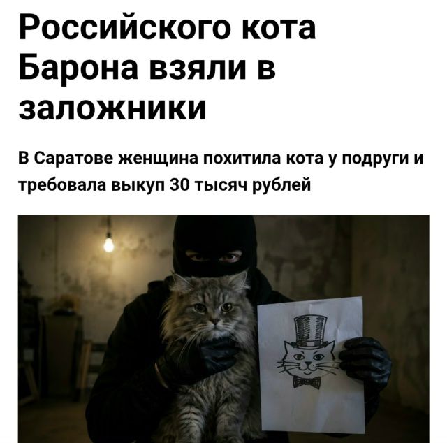 Российского кота Барона взяли в заложники. В Саратове женщина похитила кота у подруги и требовала выкуп 30 тысяч рублей