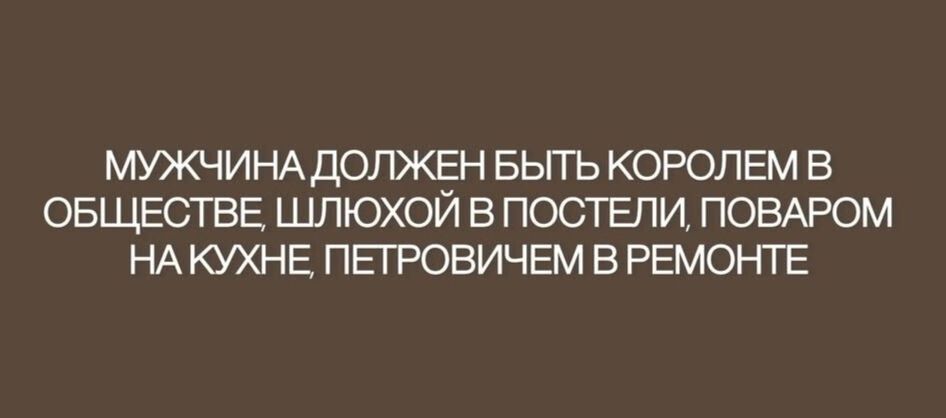 МУЖЧИНА ДОЛЖЕН БЫТЬ КОРОЛЕМ В ОБЩЕСТВЕ, ШЛЮХОЙ В ПОСТЕЛИ, ПОВАРОМ НА КУХНЕ, ПЕТРОВИЧЕМ В РЕМОНТЕ