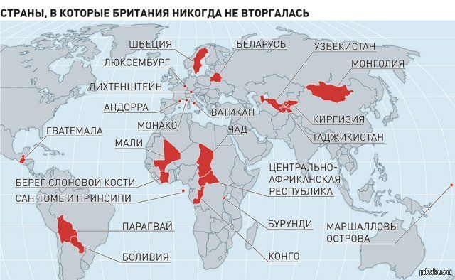СТРАНЫ, В КОТОРЫЕ БРИТАНИЯ НИКОГДА НЕ ВТОРГАЛАСЬ. ШВЕЦИЯ, ЛЮКСЕМБУРГ, ЛИХТЕНШТЕЙН, АНДОРРА, МОНАКО, ВАТИКАН, БЕЛАРУСЬ, УЗБЕКИСТАН, МОНГОЛИЯ, КИРГИЗИЯ, ТАДЖИКИСТАН, ГВАТЕМАЛА, МАЛИ, БЕРЕГ СЛОНОВОЙ КОСТИ, САН-ТОМЕ И ПРИНСИПИ, ПАРАГВАЙ, БОЛИВИЯ, ЧАД, ЦЕНТРАЛЬНО-АФРИКАНСКАЯ РЕСПУБЛИКА, БУРУНДИ, КОНГО, МАРШАЛЛОВЫ ОСТРОВА.