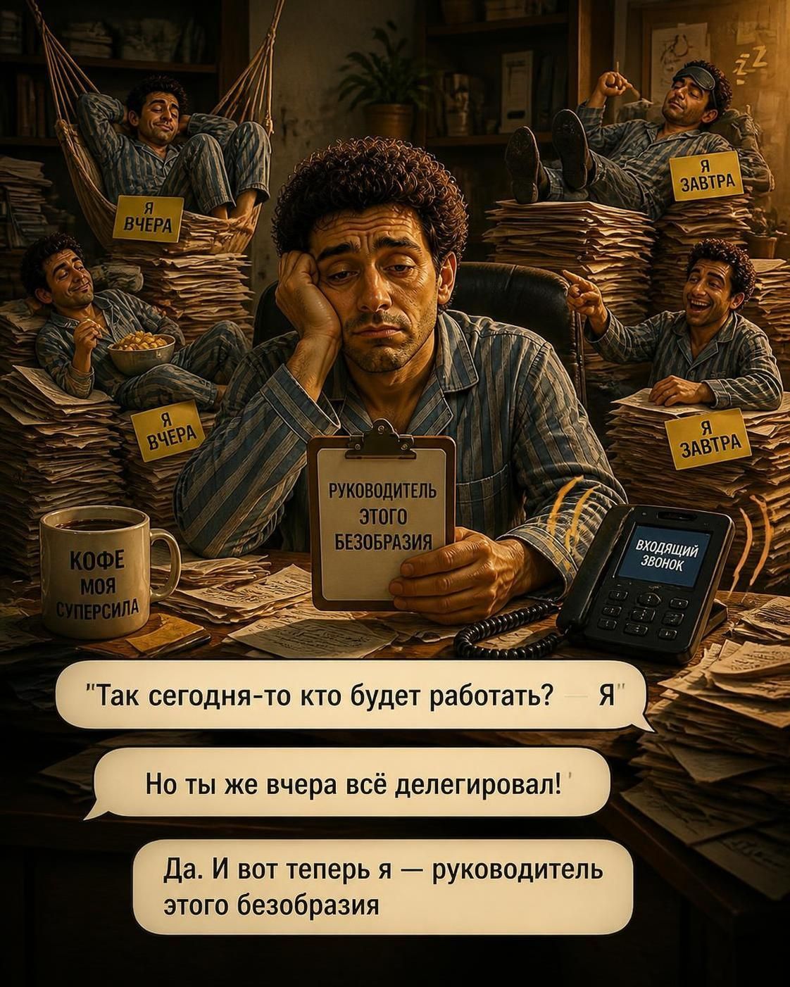 Я вчера, Я завтра, Руководитель этого безобразия, Кофе моя суперсила, Входящий звонок. Так сегодня-то кто будет работать? — Я. Но ты же вчера всё делегировал! — Да. И вот теперь я — руководитель этого безобразия