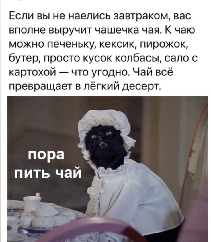 Если вы не наелись завтраком, вас вполне выручит чашечка чая. К чаю можно печеньку, кексик, пирожок, бутер, просто кусок колбасы, сало с картохой — что угодно. Чай всё превращает в лёгкий десерт. пора пить чай