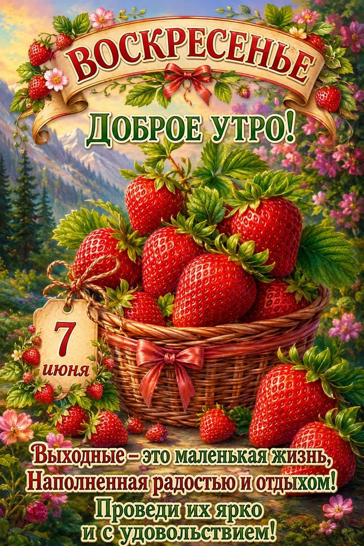 ВОСКРЕСЕНЬЕ ДОБРОЕ УТРО! 7 ИЮНЯ Выходные – это маленькая жизнь, Наполненная радостью и отдыхом! Проведи их ярко и с удовольствием!