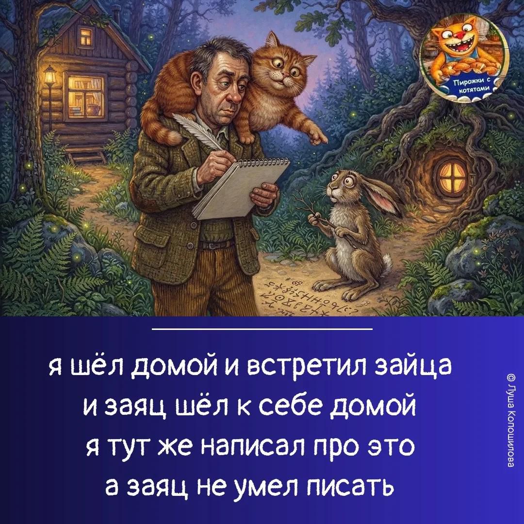 я шёл домой и встретил зайца и заяц шёл к себе домой я тут же написал про это а заяц не умел писать