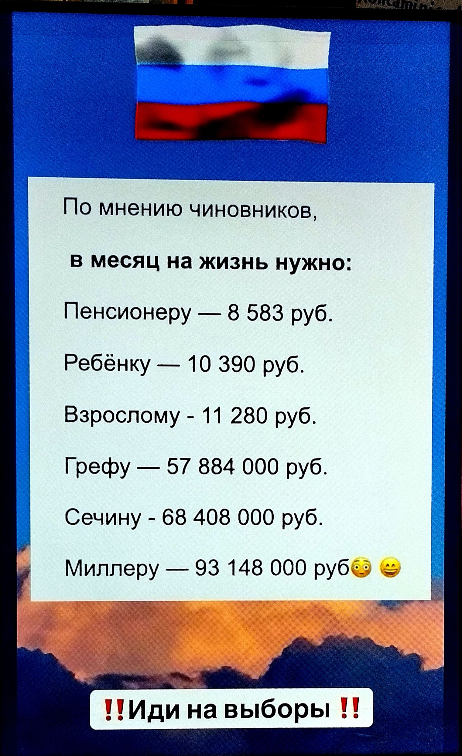 По мнению чиновников, в месяц на жизнь нужно: Пенсионеру — 8 583 руб. Ребёнку — 10 390 руб. Взрослому - 11 280 руб. Грефу — 57 884 000 руб. Сечину - 68 408 000 руб. Миллеру — 93 148 000 руб. Иди на выборы!!
