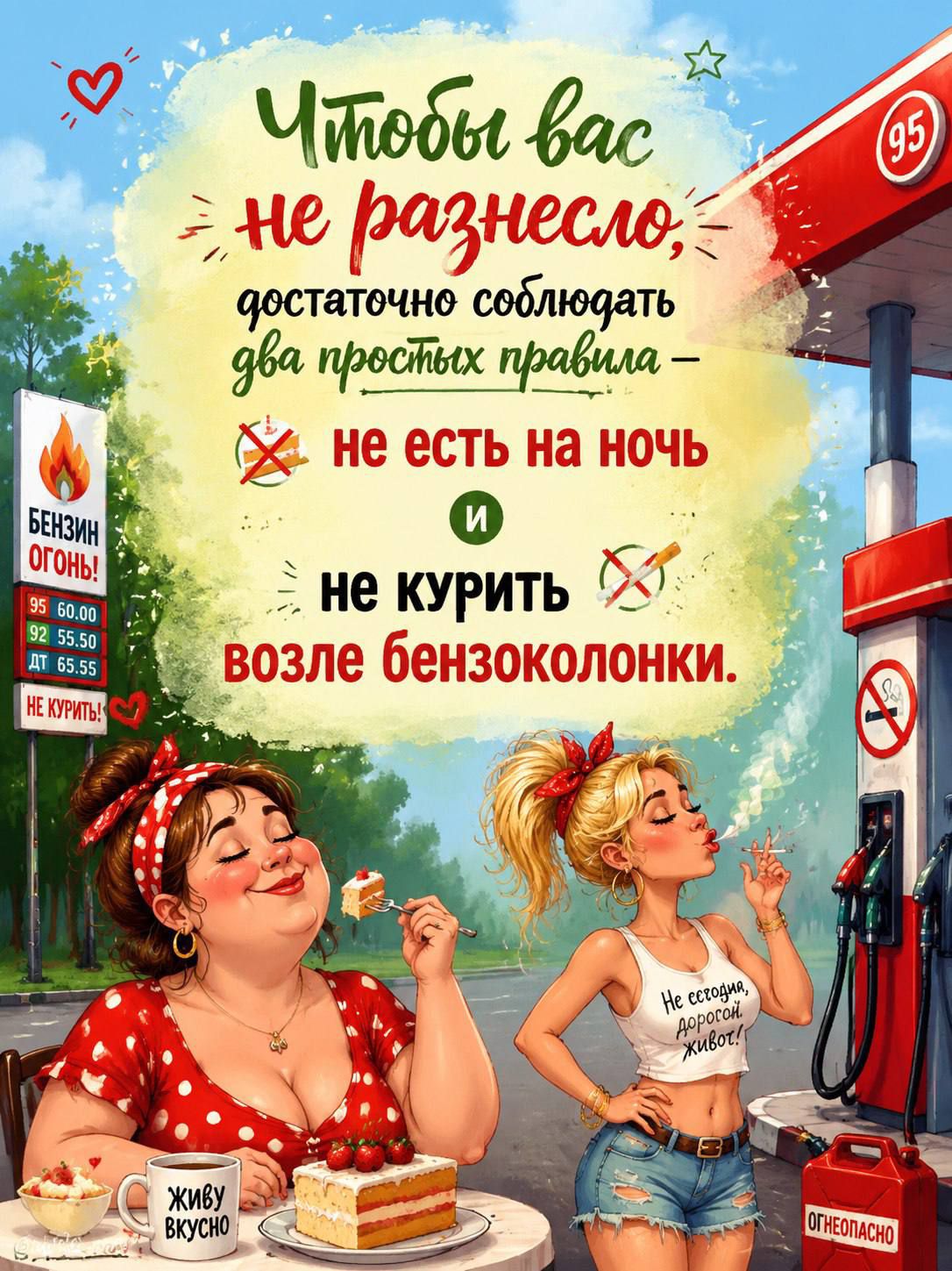 Чтобы вас не разнесло, достаточно соблюдать два простых правила – не есть на ночь и не курить возле бензоколонки. Бензин огонь! 95 60.00 92 55.50 ДТ 65.55 Не курить! Живу вкусно. Не сегодня, дорогой, живот! Огнеопасно. 95