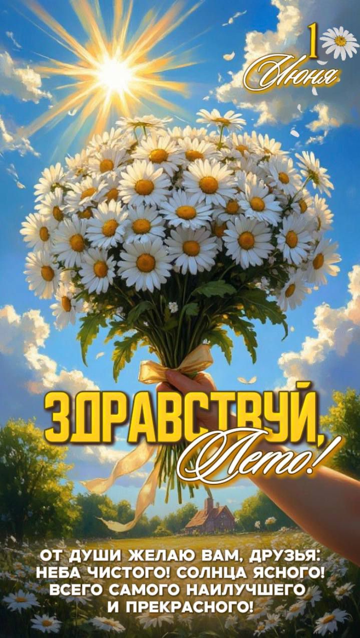 1 Июня ЗДРАВСТВУЙ, Лето! ОТ ДУШИ ЖЕЛАЮ ВАМ, ДРУЗЬЯ: НЕБА ЧИСТОГО! СОЛНЦА ЯСНОГО! ВСЕГО САМОГО НАИЛУЧШЕГО И ПРЕКРАСНОГО!