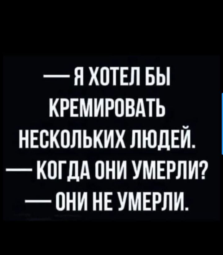 — Я хотел бы кремировать нескольких людей. — Когда они умерли? — Они не умерли.