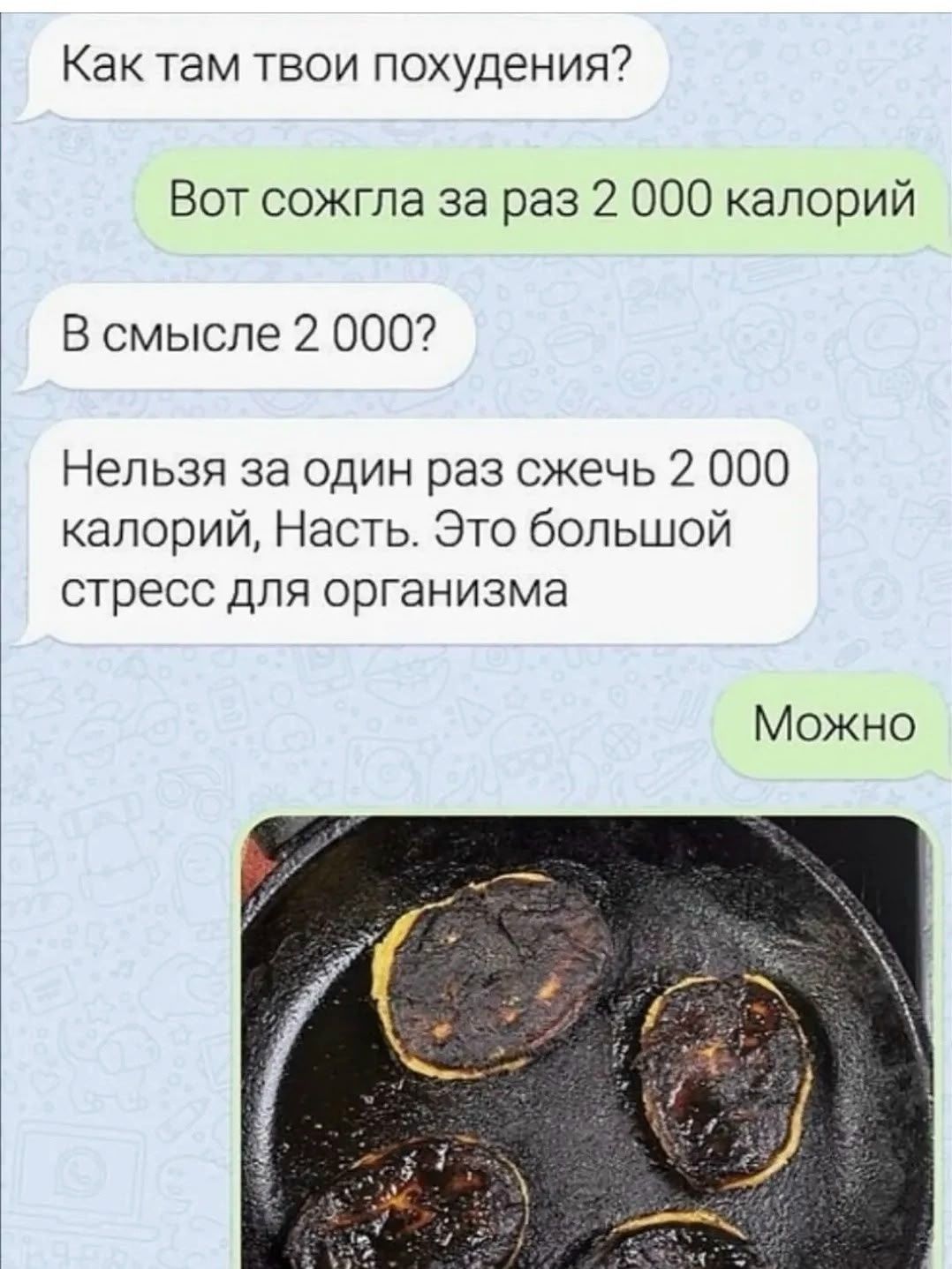 Как там твои похудения? Вот сожгла за раз 2 000 калорий. В смысле 2 000? Нельзя за один раз сжечь 2 000 калорий, Насть. Это большой стресс для организма. Можно. (фото сгоревшей еды в сковороде)