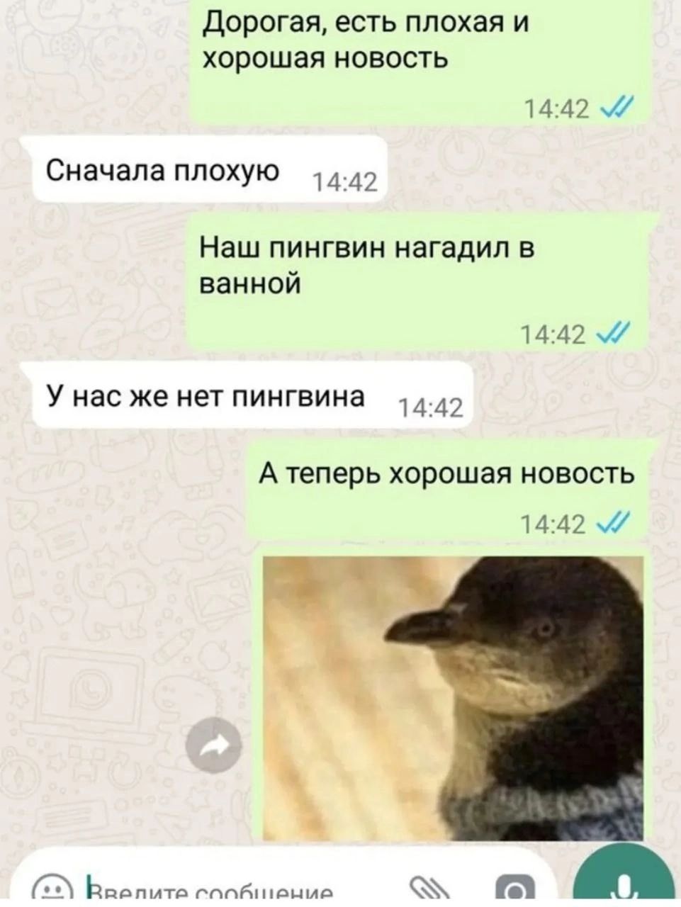 Дорогая, есть плохая и хорошая новость. Сначала плохую. Наш пингвин нагадил в ванной. У нас же нет пингвина. А теперь хорошая новость.